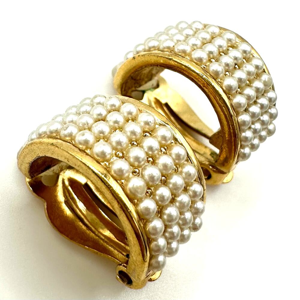 Givenchy vintage 80s 90s gold plated faux pearl half hoop hoops clip on earrings